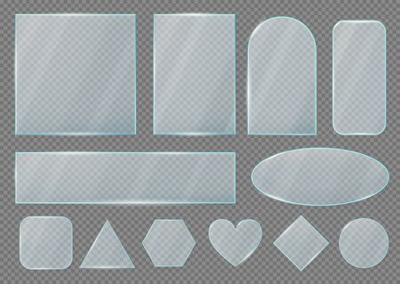 Glass plates and frames shapes, realistic transparent effect, vector isolated set. Glass plates of different shapes, rectangular square, round and oval, triangle and heart with shine reflectionのイラスト素材
