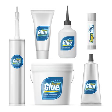 Glue containers, bottles and plastic tubes, adhesive packages, vector realistic mockups. Blank white super glue stick, industrial, home and office adhesive stationery supplies isolated set with lidsのイラスト素材