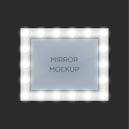 Make-up mirror with light bulbs frames. Vector isolated retro style design. Rectangular frame shape, theater and actor room makeup mirrors, realisticのイラスト素材