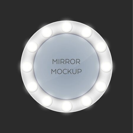Make-up mirror with light bulbs frames. Vector isolated retro style design. Round frame shape, theater and actor room makeup mirrors, realisticのイラスト素材