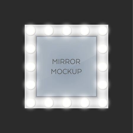 Make-up mirror with light bulbs frame. Vector isolated retro style design. Square frame shape, theater and actor room makeup mirrors, realisticのイラスト素材