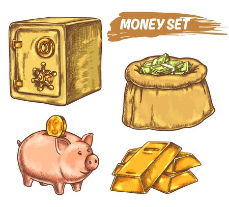 Set of money elements or symbols in line designのイラスト素材