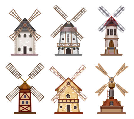 Mill or windmill wooden wheat and flour buildingのイラスト素材