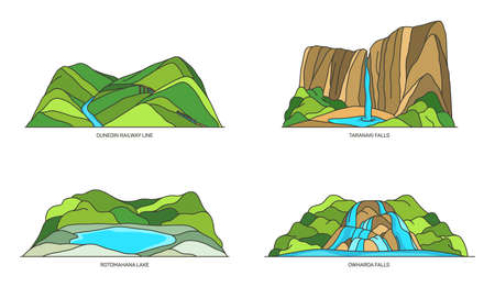 New Zealand travel landmarks nature and waterfallsのイラスト素材
