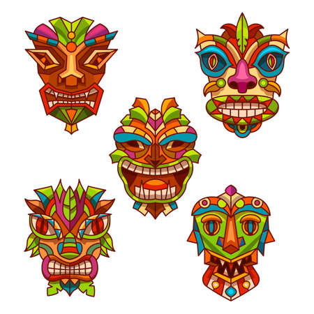 Set of totem pole masks with tribal decorationのイラスト素材