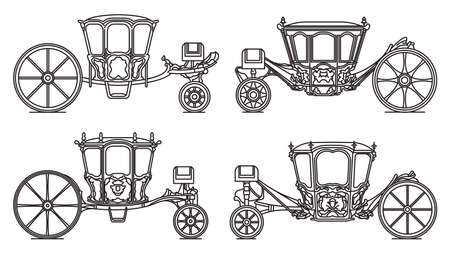 Wedding carriage set, outline retro royal chariotのイラスト素材