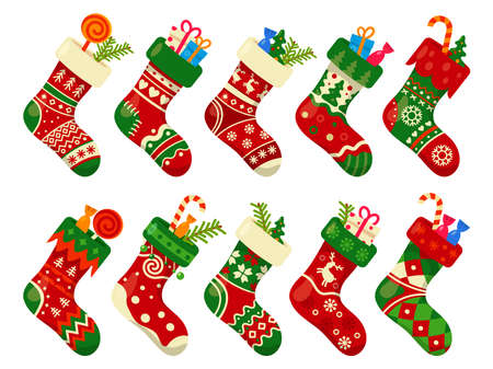 Christmas socks and gifts, New Year Xmas stockingsのイラスト素材
