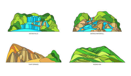 Set of Vietnam landmarks or landscape, waterfallsのイラスト素材