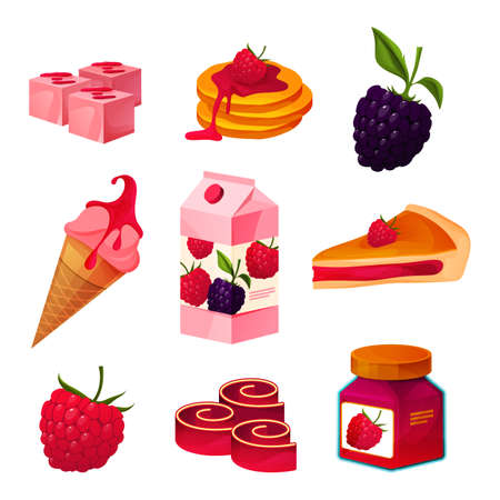 Set of raspberry and blackberry products, iconsのイラスト素材