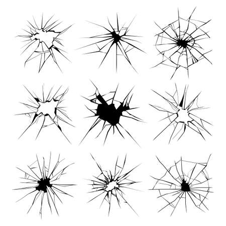 Broken glass or shot through the glass, bullet hole. Crack or crevice on a screen, window or mirror. Set of flat effect or imitation of split, smash, damage. Grunge vector icons.のイラスト素材