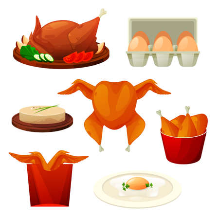 Chicken dishes and poultry grill. Vector flat icons of fried meat and hen eggs, scrambled eggs, poultry pate and roasted turkey. Fast food grill legs and roast wings. Farm food production.のイラスト素材