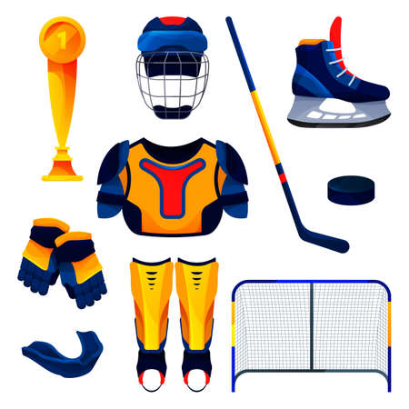 Hockey equipment set, training tools, flat iconsのイラスト素材