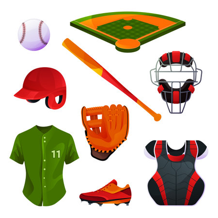 Baseball equipment and uniform, catcher's set, protective gear. Vector icons of field, baseball bat and ball, chest and facemask protector, sport apparel. Players body protection and game accessories.のイラスト素材