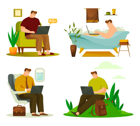 Freelancer workspace set. Cartoon character working remote or outsourcing. Business person or man working at home, bathroom, plane and on the nature. Independent worker, busy manのイラスト素材
