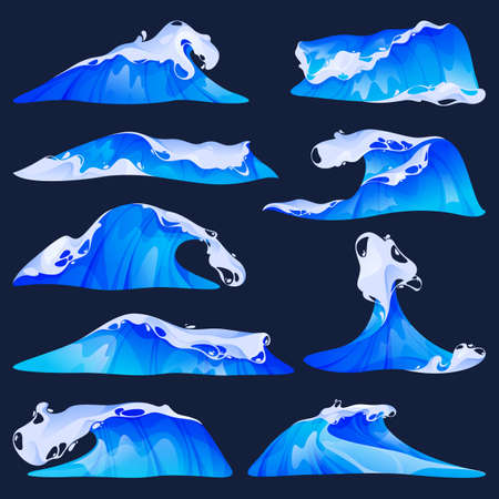 Sea or ocean waves set. Vector flat icons of water curl with white foam. Natural phenomenon of water splash and swirl, storm or tsunami elements. Marine and aquatic themeのイラスト素材