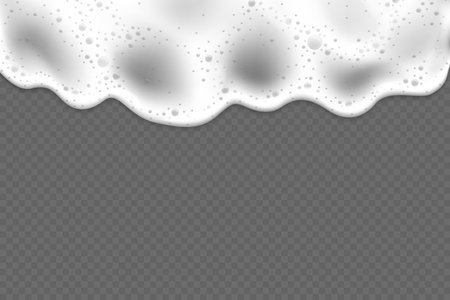 Realistic 3d liquid foam. Beer, soap or sea foam, water bubbles on transparent background. Vector froth texture, border or frame. Ocean wave or washing foamy waterwave. Empty template.のイラスト素材