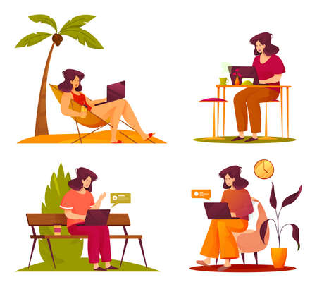 Freelancer worker illustration set. Cartoon character working remote or outsourcing. Business woman working at home, cafe, park and on the beach. Independent worker, busy person.のイラスト素材