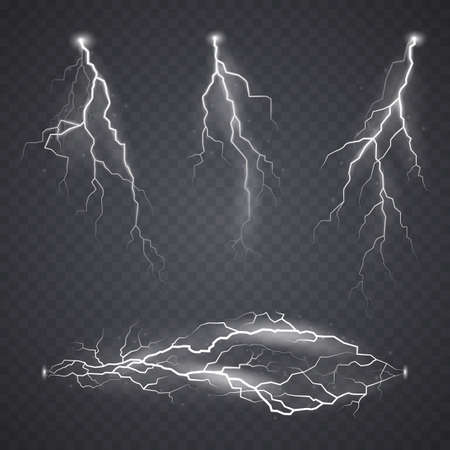 Lightning or bolt effect, bright realistic flash in the sky. Vector element of thunderstorm, powerful natural phenomenon. Adverse weather conditions. Isolated objects on transparent background.のイラスト素材