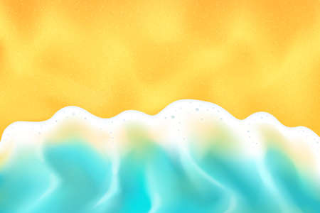 Realistic background or backdrop with ocean wave and sandy beach. Vector sea coastline or seaboard, 3d design of foamy turquoise wave on the sea shore. Summer scenery or seascape top view.のイラスト素材