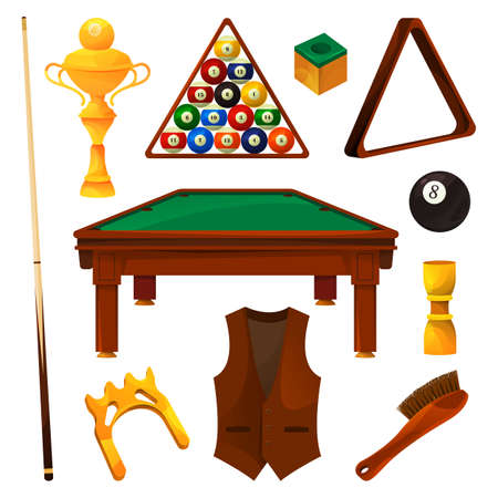 Billiards equipment or game tools. Vector flat icons of balls, cue stick, billiard table, chalk, billiard bridge, rack or triangle, vest, brush and gold cup. Game accessories, realistic set.のイラスト素材