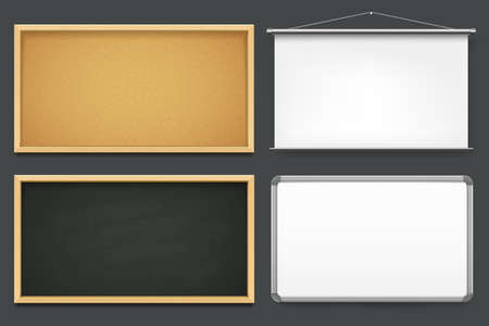 Set of board templates or mockup. Vector realistic blackboard, corkboard, plastic board and projector. Office or school eguipment for learning or presentation. Empty frames or borders.のイラスト素材