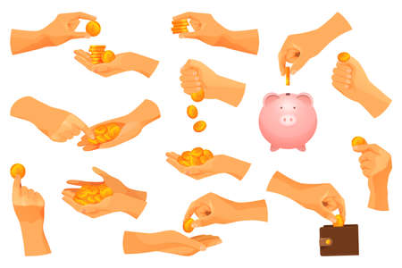 Set of money operations with gold coins. Hands holding cash or stack of coins, handful coins, put to the piggy bank or moneybox. Vector payment, purchase, investment or savings icons.のイラスト素材