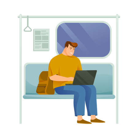 Man or freelancer riding the subway or train. Busy person in underground metro, independent worker. Cartoon character working remote or outsourcing. Freelance and workspace theme.のイラスト素材