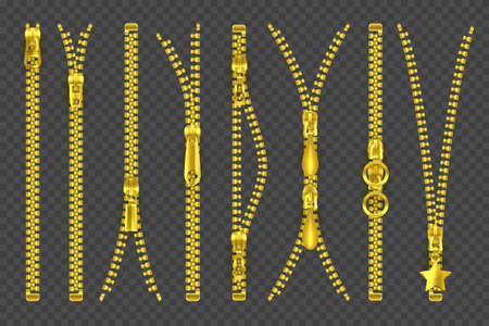 Metalic golden zippers or zip fastener set. Vector clasp locker with golden puller and teeth rows, open and closed. Realistic apparel elements, sewing accessory or item. Zip icons.のイラスト素材
