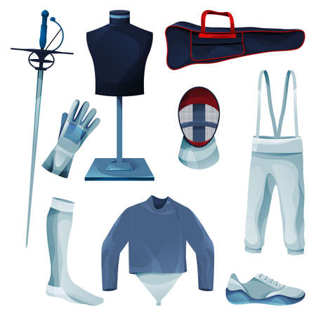 Fencing equipment, game tools collection. Vector flat icons of epee, shoe, mask and protective...