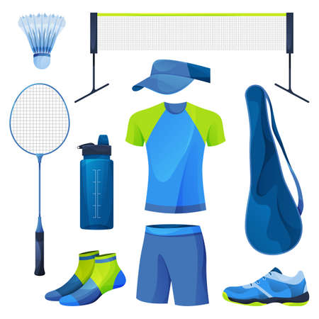 Badminton equipment, sport tools collection. Vector flat icons of racket, shuttlecock or birdie, headband, shoes and attire, water bottle and bag. Racket sport accessories, realistic set. Summer game.のイラスト素材