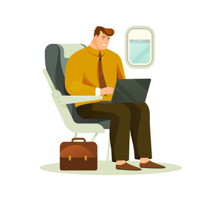 Businessman or busy man working on board of plane. Business person working remote or outsourcing. Cartoon positive character flying by airplane. Freelance and workspace theme.のイラスト素材