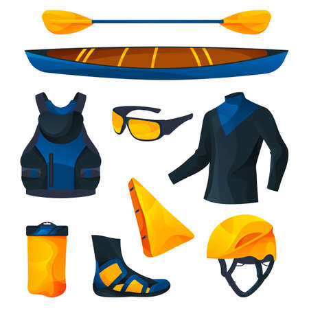 Canoeing or kayaking equipment, sport tools set. Vector flat icons of canoe or kayak with paddle, buoyancy aid, helmet, waterproof jacket, shoe, glasses. Summer sport or recreational activity.のイラスト素材