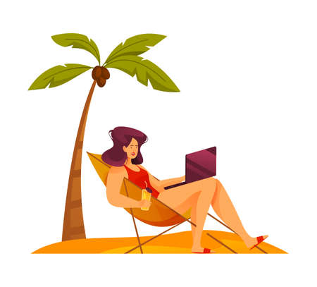Woman or freelancer working lying on the beach, remote or outsourcing. Cartoon character have a rest in sunbed. Freelance and workspace theme. Recreation, vacation, summertime. Outdoor seascape.のイラスト素材