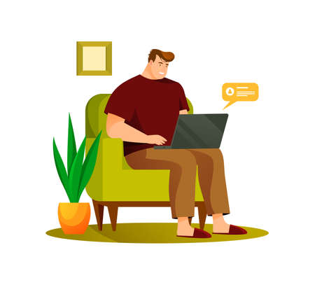 Man or freelancer working at home. Busy person, independent IT worker or designer. Cartoon character working remote or outsourcing. Freelance and workspace theme.のイラスト素材