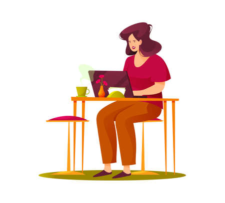 Woman or freelancer have a rest in cafe or restaurant. Cartoon character working remote or outsourcing. Freelance and workspace theme. Recreation, lounge zone, chill out.のイラスト素材