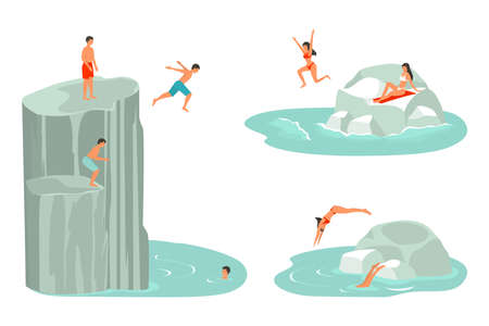 Characters or friends falling down in a sea or ocean, lake or river from hight precipice or stones. Summer recreation, water jumping, swimming or diving activity. People relaxing near the water.のイラスト素材