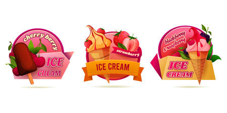Ice cream or ice pops decorative label set. Round stickers for frozen treat on a stick with chocolate glazing or twirl soft cream in waffle cone with fruty jam. Refreshing dairy product.のイラスト素材