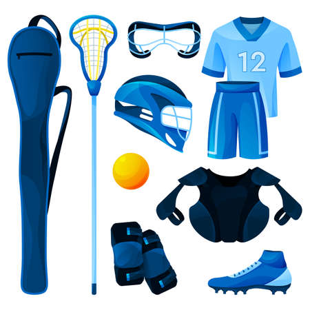 Lacrosse equipment, sport tools set. Vector flat icons of crosse or lacrosse stick, ball, goggles, cleats, goalie helmet, arm and chest guards, player's attire. Fast-moving, fun game, team sport.のイラスト素材