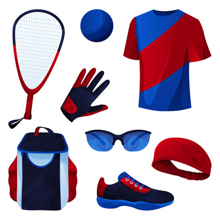 Racquetball game equipment, sport tools set. Vector flat icons of racquet and rubber ball, shirt, glove, eyeglasses, shoe, backpack and headband. Active racquet sport, game accessories.のイラスト素材
