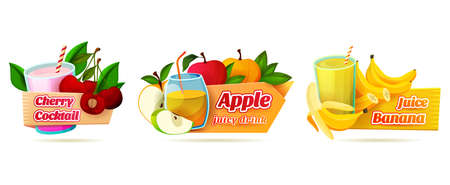 Label set for juicy drinks or summer cocktails. Decorative stickers for cherry cocktail, banana and apple juice or cider. Sweet milky or fruity beverages.のイラスト素材