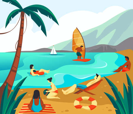 Seascape banner or summer recreation background. Seaside scenery or coast view, tropical nature. People or tourists have a rest or vacation, sunbathing or swim on sandy beach. Leisure time, outdoor.のイラスト素材