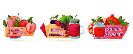 Volumetric label set for smoothie or cocktails. Decorative stickers for strawberry, berry and pomegranate drinks. Refreshing milky or fruity beverage.のイラスト素材