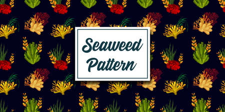 Seaweed and coral pattern, water plants background. Tropical algae print for banner or fabric decoration. Colorful marine backdrop. Sea or ocean flora, underwater life.のイラスト素材