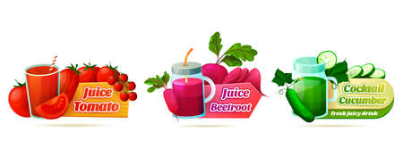 Decorative label set for vegetable juice or cocktail. Volumetric stickers for tomato, beetroot and cucumber drinks. Fresh and nutritional vegetarian beverages.のイラスト素材