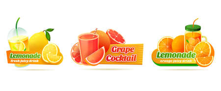 Decorative stickers for grapefruit cocktail, lemon and orange lemonade. Label set for juicy drinks or summer cocktails. Refreshing citrus or fruity beverages.のイラスト素材