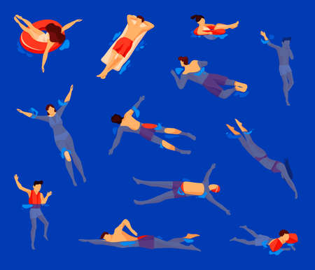 Swim activity or water swimming, cartoon swimmers set. People or characters relaxing in a sea, river or pool, dive, floating on mattress or ring. Leisure activity, summer recreation.のイラスト素材