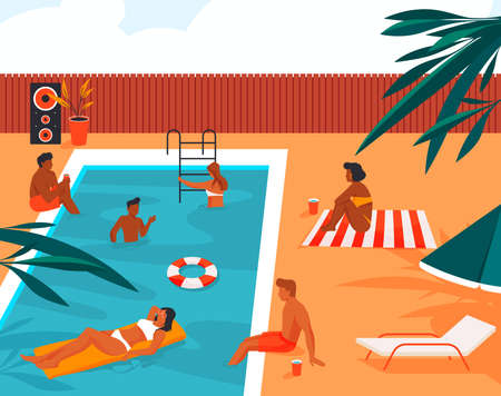 People have fun and enjoy at swimming poolのイラスト素材