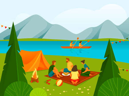 Camping or rest in forest or parkland, background or banner. People or tourists resting near the river, sitting on grass and have picnic. Outdoor leisure activity, summer vacation. Landscape of natureのイラスト素材
