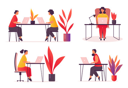 Employee or worker at office or workspace. Woman cartoon character working using computer or laptop. Female job, workplace interior. Corporate work, business and cowork theme.のイラスト素材