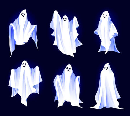 Spirit or ghost icon set. Fantasy characters for Halloween banner or card decoration. Spooky or scary mystery phantom. Ghostly flying sheet with creepy face, otherworldly soul.のイラスト素材
